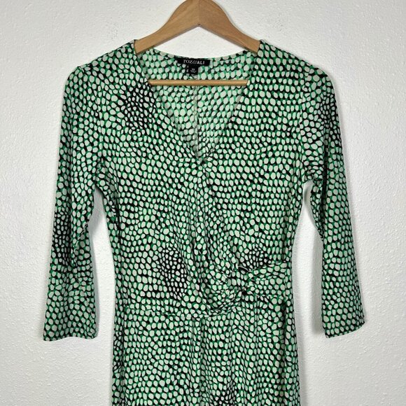 ROZ & ALI Green, white, and Black Geometric Print Faux Wrap Office Dress Size XS - Picture 3 of 10